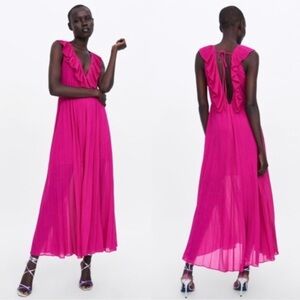 Zara V Cut Ruffle Chiffon Dress Magenta S-Mx size 26